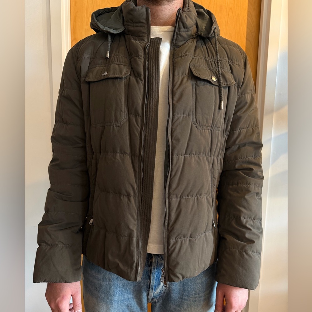 Brunello Cucinelli cashmere-lined down winter coat in olive green